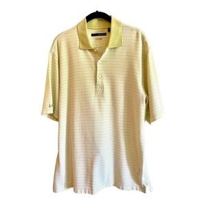 GREG NORMAN, PLAYDRY, MENS, SHORT SLEEVE, POLO SHIRT. GREEN &WHITE STRIPE.SIZE M